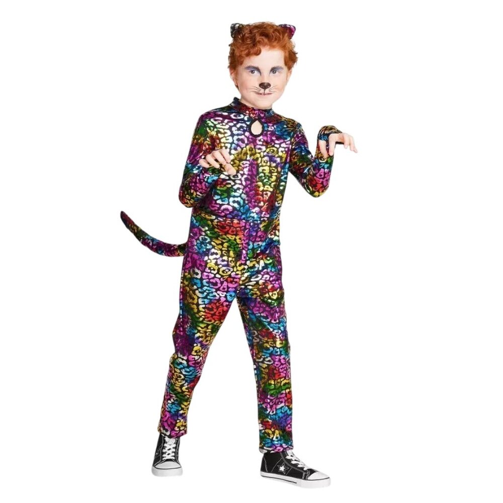 Kids Wild Cat Rainbow Foil Leopard Halloween Costume Jumpsuit - Size Large 10/12